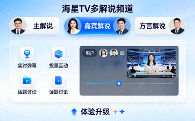 海星TV多解说频道与互动功能界面，用户可选择不同解说视角 - 代表体验升级